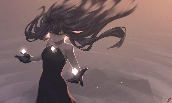 Anime picture 1500x900 with original onemanmilitia single long hair fringe black hair hair between eyes wide image standing bare shoulders signed eyes closed from above wind sleeveless girl dress gloves black gloves black dress