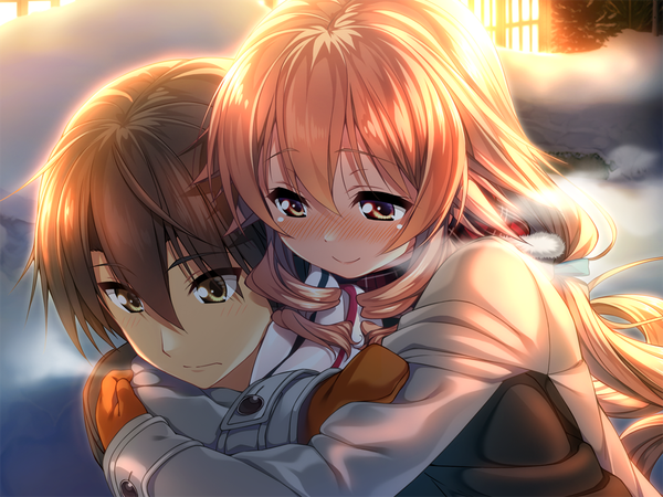 Anime picture 1024x768 with amakano hoshikawa koharu yuuki (amakano) piromizu long hair blush fringe short hair smile brown hair brown eyes looking away game cg outdoors orange hair hug drill hair hug from behind girl boy