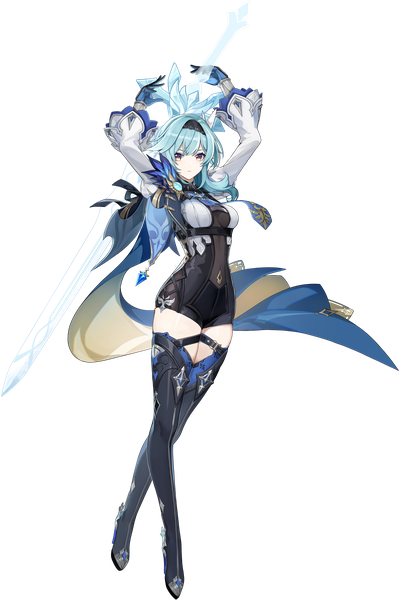 Anime picture 3240x4870 with genshin impact eula lawrence single tall image looking at viewer fringe highres short hair standing brown eyes absurdres full body aqua hair arms up official art transparent background revision girl gloves weapon