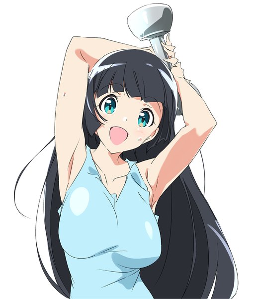 Anime picture 750x870 with dumbbell nan kilo moteru? doga kobo souryuuin akemi umanosuke single long hair tall image looking at viewer breasts open mouth simple background white background upper body :d aqua eyes arms up armpit (armpits) sleeveless girl thighhighs