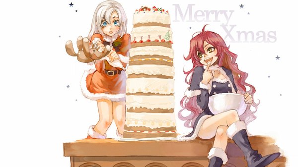 Anime picture 1068x600 with original tagme (artist) long hair blue eyes simple background wide image white background multiple girls white hair red hair christmas merry christmas girl 2 girls food sweets cake santa claus costume