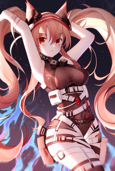 Anime picture 1992x2958 with arknights angelina (arknights) ciyuan zhi xi single long hair tall image looking at viewer blush fringe highres open mouth light erotic simple background hair between eyes red eyes brown hair standing twintails animal ears arms up