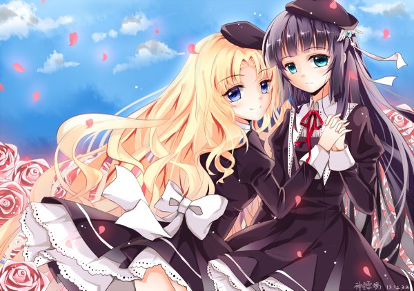 Anime picture 1200x845 with eiyuu densetsu falcom (studio) alisa leinfort elise schwartzer willfin long hair looking at viewer blush blue eyes black hair blonde hair smile multiple girls girl dress flower (flowers) 2 girls petals bowtie rose (roses)