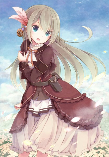 Anime picture 658x944 with original yonema single long hair tall image looking at viewer fringe open mouth blue eyes blonde hair sky cloud (clouds) wind girl dress hair ornament flower (flowers) ribbon (ribbons) petals belt