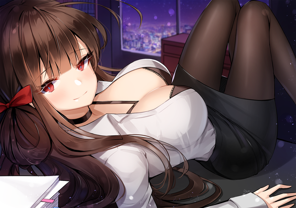 Anime picture 1900x1338 with girls frontline dsr-50 (girls frontline) ango single long hair looking at viewer blush fringe highres breasts light erotic red eyes brown hair large breasts signed cleavage bent knee (knees) indoors lying blunt bangs