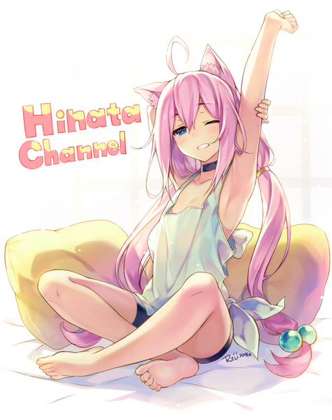 Anime picture 1200x1514 with virtual youtuber hinata channel nekomiya hinata riv single long hair tall image looking at viewer blush fringe blue eyes light erotic simple background hair between eyes white background sitting twintails signed animal ears pink hair