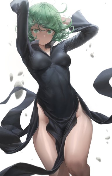Anime picture 2619x4096 with one-punch man madhouse tatsumaki free style (yohan1754) single tall image looking at viewer fringe highres short hair breasts light erotic simple background white background green eyes long sleeves green hair arms up no panties thighs