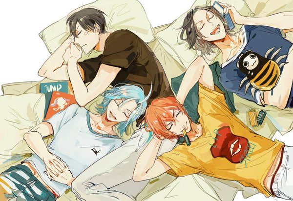 Anime picture 909x625 with yowamushi pedal toudou jinpachi sangaku manami arakita yasutomo shinkai hayato cookon short hair open mouth black hair smile blue hair ahoge lying eyes closed profile from above orange hair multiple boys arms behind head eating