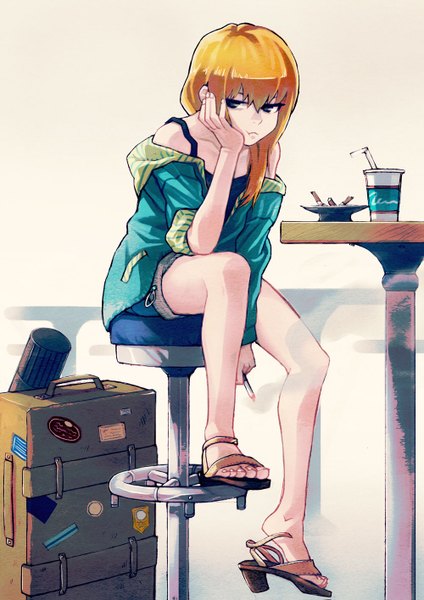 Anime picture 1000x1415 with original 40hara single long hair tall image blonde hair sitting bare shoulders brown eyes open clothes open jacket bare legs frown girl jacket shorts drink cigarette suitcase