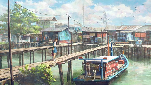 Anime picture 1024x576 with original feigiap single long hair brown hair wide image city cityscape girl plant (plants) animal tree (trees) water bird (birds) sundress school bag wire (wires) watercraft boat