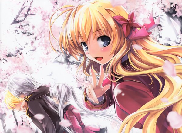 Anime picture 4015x2946 with highres blonde hair absurdres white hair black eyes cherry blossoms girl bow serafuku