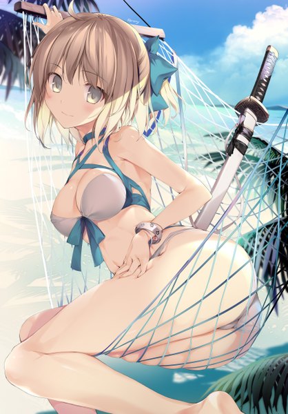 Anime picture 3484x5000 with fate (series) fate/grand order okita souji (fate) (all) okita souji (swimsuit assassin) (fate) karory single tall image looking at viewer blush fringe highres short hair breasts light erotic blonde hair signed yellow eyes payot absurdres sky