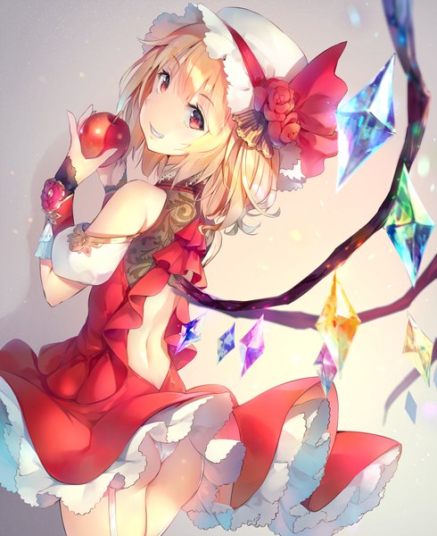 Anime picture 1372x1680 with touhou flandre scarlet deecha single tall image looking at viewer blush fringe short hair light erotic simple background blonde hair smile hair between eyes red eyes standing bare shoulders holding ass looking back