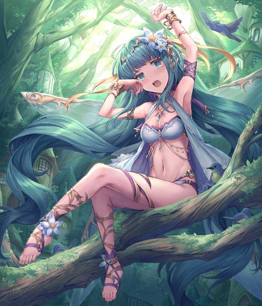 Anime picture 2394x2793 with original shichigatsu single tall image looking at viewer blush fringe highres breasts open mouth light erotic sitting cleavage bent knee (knees) outdoors blunt bangs very long hair barefoot hair flower aqua eyes