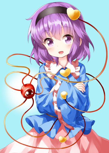 Anime picture 1000x1400 with touhou komeiji satori ruu (tksymkw) single tall image looking at viewer blush fringe short hair open mouth simple background hair between eyes purple eyes purple hair :d blue background crossed arms girl headband eyeball