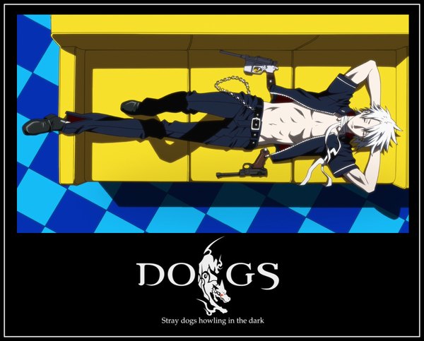 Anime picture 1652x1332 with dogs: bullets & carnage david production haine rammsteiner single short hair white hair lying open clothes open shirt arms behind head abs boy weapon gun chain bandage (bandages) couch