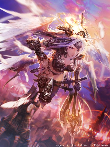 Anime picture 900x1200 with rabbiteyes (pixiv) single long hair tall image looking at viewer light erotic sky silver hair cloud (clouds) grey eyes city angel wings girl gloves weapon wings armor building (buildings)