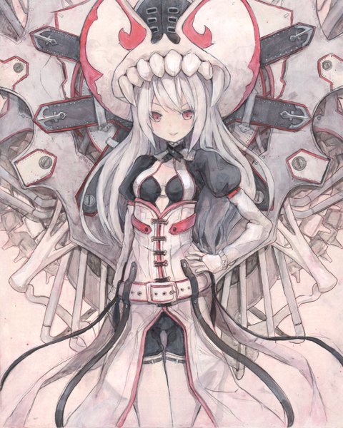 Anime picture 1041x1300 with original nanashina (artist) single long hair tall image looking at viewer blush fringe smile red eyes white hair puffy sleeves hand on hip girl headdress