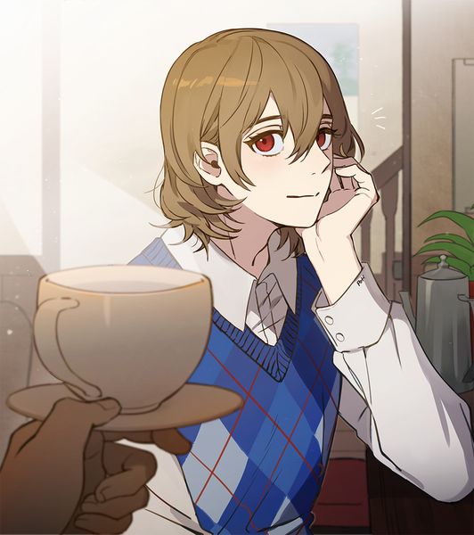 Anime picture 1000x1127 with persona 5 persona akechi gorou poti tall image looking at viewer fringe short hair hair between eyes red eyes brown hair sitting indoors solo focus pov chin rest boy shirt white shirt vest