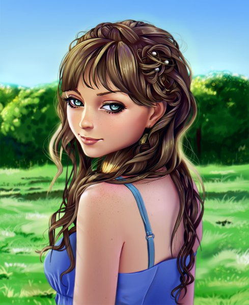 Anime picture 2569x3150 with original nikita varb single long hair tall image looking at viewer highres blue eyes brown hair bare shoulders upper body looking back lips realistic girl plant (plants) earrings tree (trees)