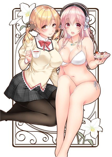 Anime picture 858x1200 with mahou shoujo madoka magica shaft (studio) nitroplus tomoe mami super sonico ayase hazuki long hair tall image looking at viewer blush fringe breasts open mouth light erotic blonde hair hair between eyes large breasts sitting twintails multiple girls