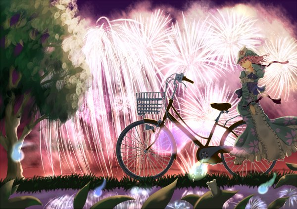 Anime picture 1250x883 with touhou saigyouji yuyuko chokoaniki single short hair red eyes pink hair ghost fireworks girl dress frills bonnet ground vehicle bicycle
