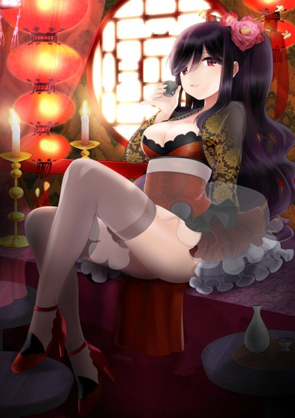Anime picture 1000x1414 with original nacsi (amo) single long hair tall image looking at viewer breasts light erotic black hair red eyes sitting hair flower girl thighhighs hair ornament flower (flowers) shoes candle (candles)