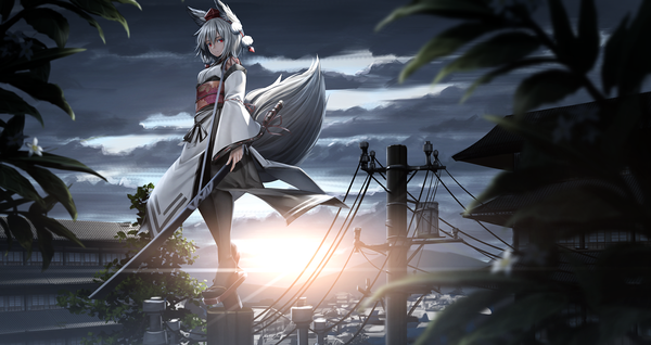 Anime picture 1884x1000 with touhou inubashiri momiji ryosios single looking at viewer fringe highres short hair hair between eyes red eyes wide image standing animal ears silver hair cloud (clouds) full body tail traditional clothes japanese clothes animal tail