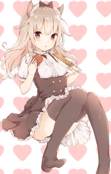 Anime picture 1352x2112 with original manatsuki manata single tall image looking at viewer fringe breasts light erotic blonde hair hair between eyes white background sitting holding brown eyes animal ears short sleeves maid no shoes puffy sleeves thighs