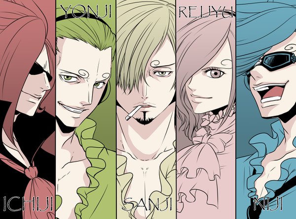 Anime picture 1200x891 with one piece toei animation sanji vinsmoke reiju vinsmoke ichiji vinsmoke niji vinsmoke yonji chikaburo looking at viewer fringe short hair open mouth blonde hair simple background smile holding green eyes blue hair pink hair upper body