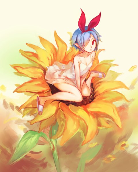 Anime picture 2048x2554 with disgaea plenair saimon ma single tall image looking at viewer fringe highres short hair red eyes sitting bare shoulders blue hair pointy ears hair over one eye bare legs wariza minigirl girl dress