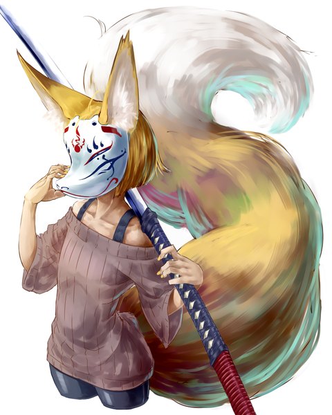 Anime picture 800x1000 with original jaco single tall image short hair simple background blonde hair standing white background bare shoulders holding animal ears tail animal tail fingernails fox ears fox tail long fingernails girl weapon