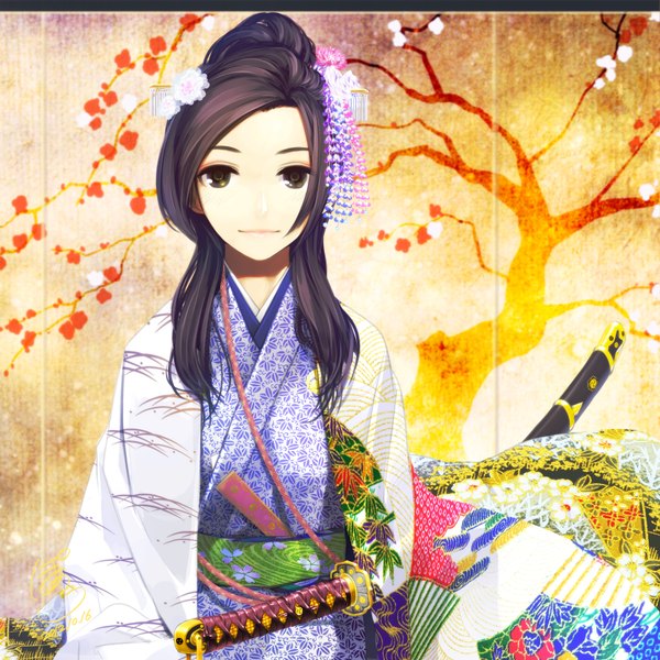 Anime picture 1852x1852 with original poaro single long hair looking at viewer highres black hair traditional clothes japanese clothes black eyes cherry blossoms girl hair ornament weapon sword kimono katana