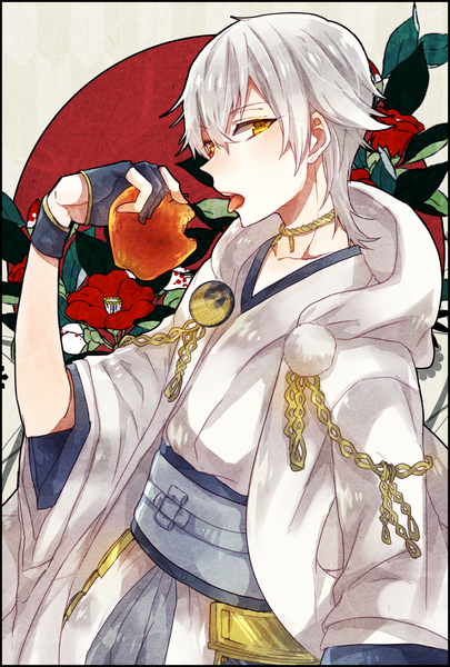 Anime picture 1700x2514 with touken ranbu nitroplus tsurumaru kuninaga mayoko na kuroneko single tall image looking at viewer short hair holding yellow eyes white hair traditional clothes japanese clothes wide sleeves boy gloves flower (flowers) black gloves tongue fingerless gloves