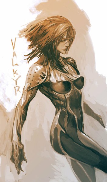 Anime picture 685x1166 with warframe valkyr (warframe) ikeda masateru single tall image short hair breasts light erotic simple background grey hair inscription grey eyes erect nipples covered nipples girl bodysuit