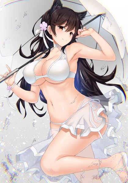 Anime picture 1915x2741 with azur lane atago (azur lane) atago (midsummer march) (azur lane) emanon123 single long hair tall image looking at viewer blush fringe highres breasts light erotic black hair smile hair between eyes large breasts standing bare shoulders holding