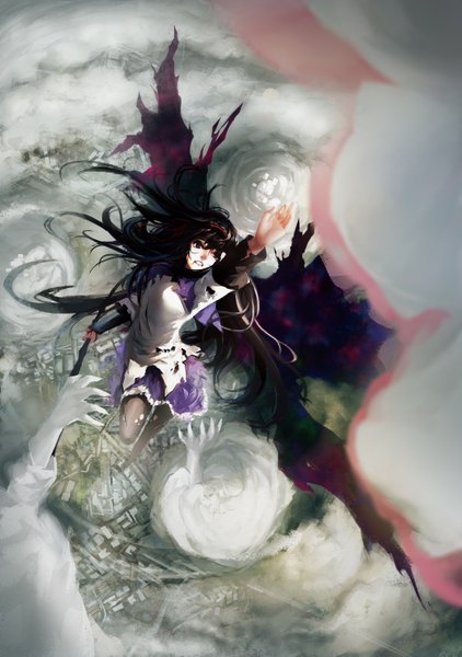 Anime picture 2079x2953 with mahou shoujo madoka magica shaft (studio) akemi homura kaname madoka goddess madoka akuma homura blackrabbitsoul long hair tall image highres black hair purple eyes multiple girls cloud (clouds) from above depth of field torn clothes outstretched arm looking up flying