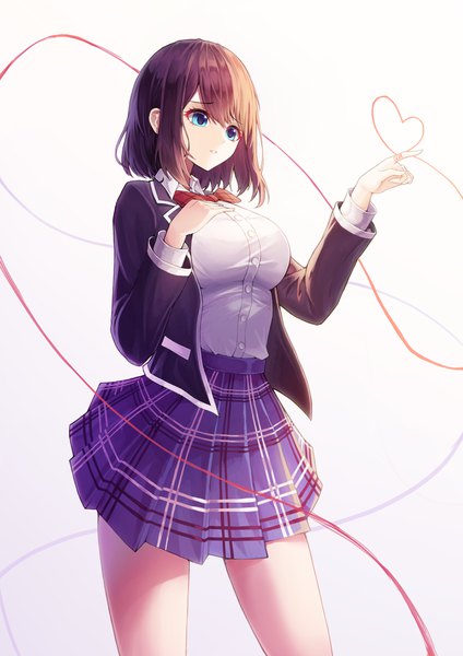 Anime picture 2761x3907 with koi to uso lidenfilms takasaki misaki (koi to uso) soback single tall image fringe highres short hair breasts blue eyes simple background brown hair standing looking away parted lips pleated skirt open clothes bare legs hand on chest