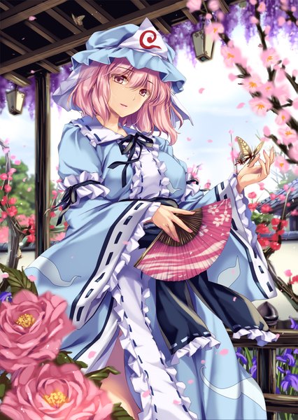 Anime picture 1207x1700 with touhou saigyouji yuyuko moneti (daifuku) single tall image looking at viewer blush fringe short hair breasts open mouth hair between eyes standing holding pink hair sky outdoors nail polish pink eyes fingernails