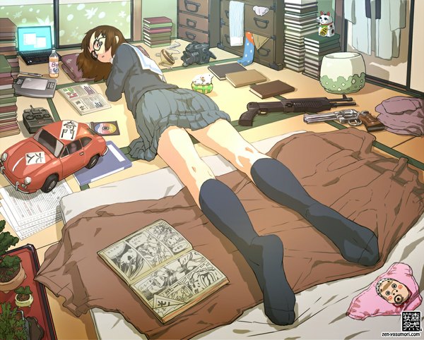 Anime picture 1000x804 with original yasumori zen looking at viewer short hair brown hair signed lying looking back girl underwear panties socks glasses serafuku gun book (books) black socks toy laptop manga (object)