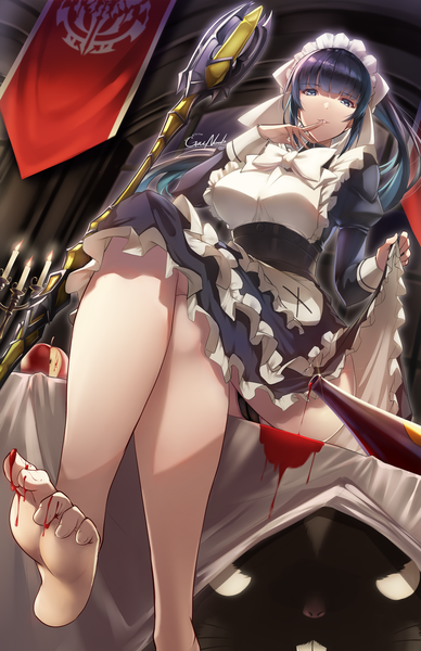 Anime picture 4400x6800 with overlord (maruyama) madhouse narberal gamma gainoob single long hair tall image looking at viewer fringe highres breasts light erotic black hair large breasts sitting signed absurdres nipples bent knee (knees) indoors