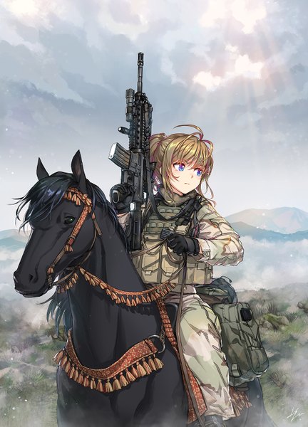 Anime-Bild 1000x1389 mit original kws single tall image fringe short hair blue eyes blonde hair hair between eyes sitting holding signed payot looking away sky cloud (clouds) ahoge outdoors ponytail long sleeves