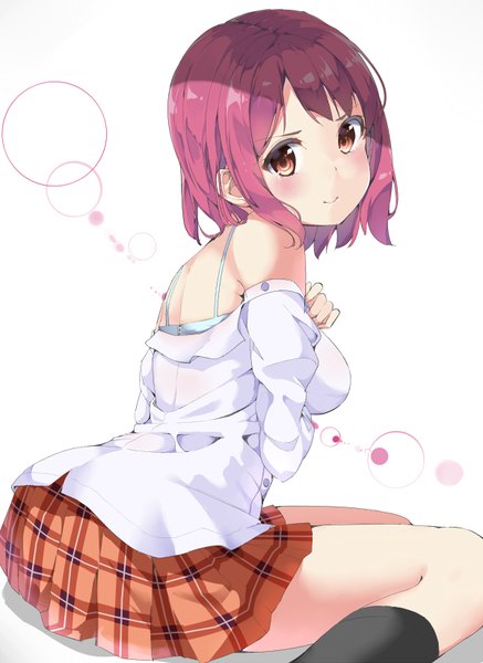 Anime picture 600x823 with shokugeki no soma j.c. staff arato hisako chikuwa. single tall image looking at viewer blush fringe short hair light erotic simple background brown eyes pink hair girl skirt shirt socks lingerie bra