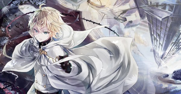 Anime picture 1800x940 with owari no seraph wit studio hyakuya mikaela ameriya single highres short hair blue eyes blonde hair wide image signed looking away sky ahoge from above wind reflection walking angry vampire