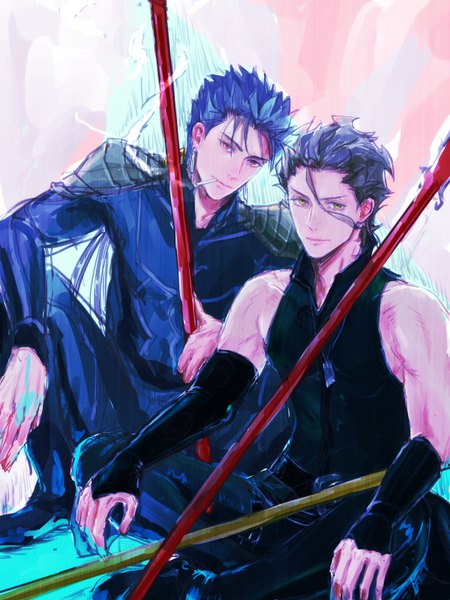 Anime picture 600x800 with fate (series) fate/stay night fate/zero cu chulainn (fate) diarmuid ua duibhne (lancer) (fate) cu chulainn (fate/stay night) saryo long hair tall image looking at viewer short hair black hair red eyes sitting bare shoulders green eyes blue hair multiple boys smoke low ponytail