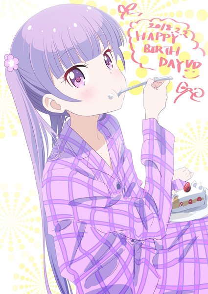 Anime picture 1450x2048 with new game! doga kobo suzukaze aoba pink x single tall image looking at viewer fringe purple eyes twintails purple hair blunt bangs long sleeves eating happy birthday plaid girl food sweets cake
