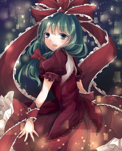 Anime picture 1240x1535 with touhou kagiyama hina sumi mi single long hair tall image looking at viewer open mouth green eyes green hair puffy sleeves girl dress skirt ribbon (ribbons) hair ribbon skirt set