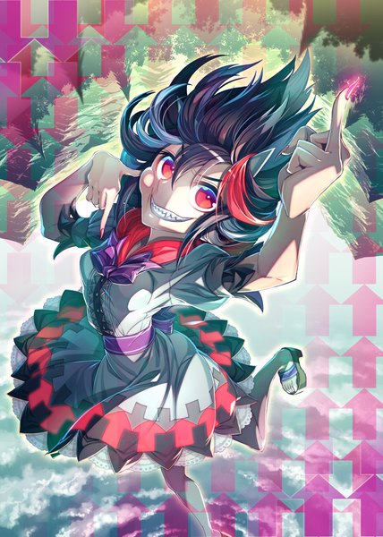 Anime picture 714x1000 with touhou kijin seija zounose single tall image looking at viewer fringe short hair black hair smile hair between eyes red eyes nail polish multicolored hair horn (horns) fingernails from above fang (fangs) streaked hair grin