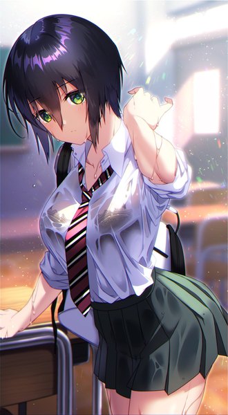 Anime picture 1128x2048 with original kusunoki suzu nasubi (w.c.s) single tall image looking at viewer blush short hair light erotic black hair standing green eyes indoors head tilt pleated skirt arm up sunlight arm support wet depth of field