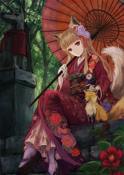 Anime picture 800x1130 with original emone04 single long hair tall image looking at viewer fringe red eyes brown hair sitting holding animal ears tail blunt bangs traditional clothes head tilt japanese clothes animal tail hair flower fox ears